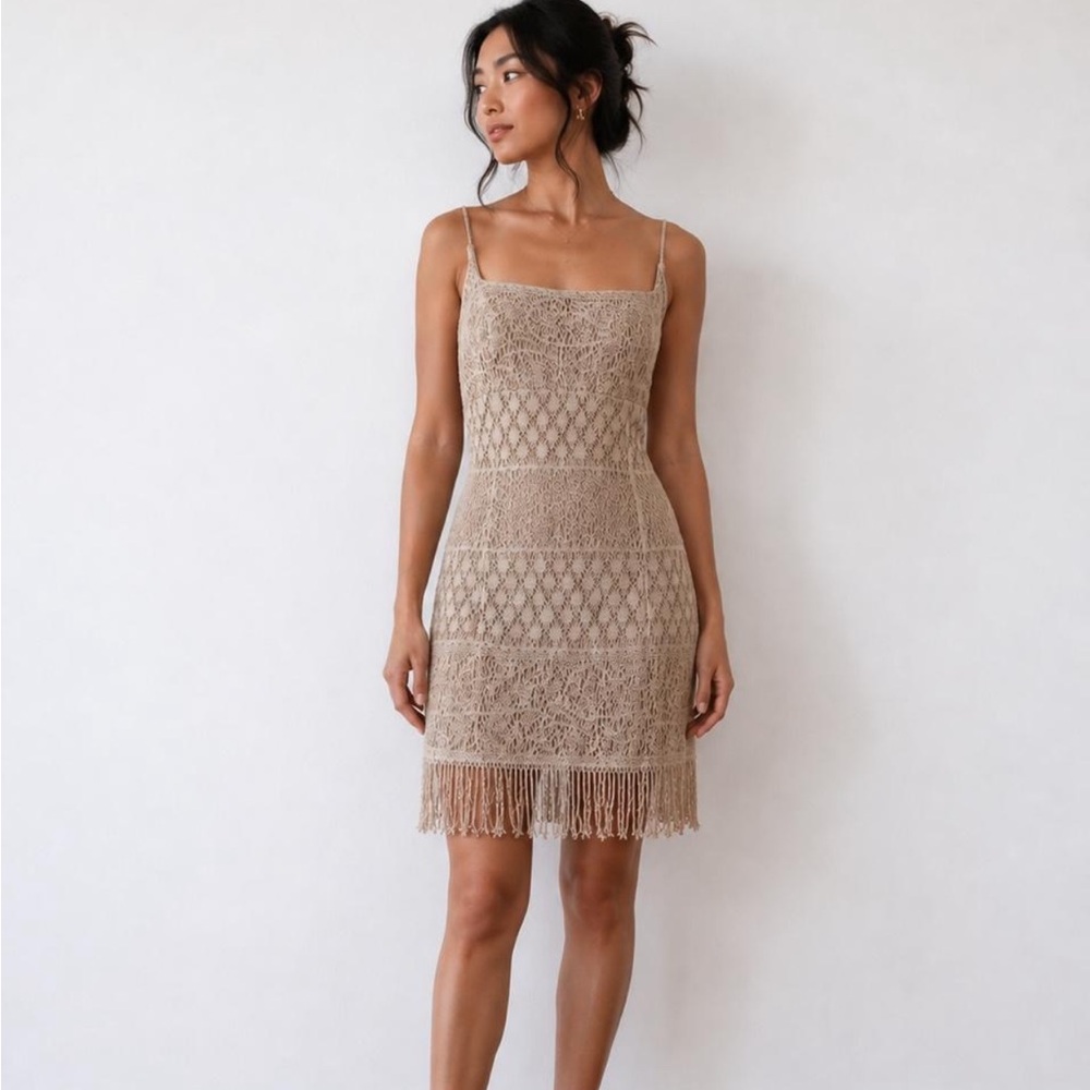 Bari Jay Taupe Lace Fringe Mini Dress